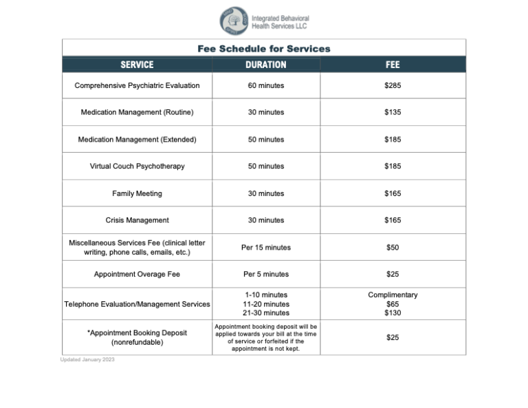Fee Schedule Integrated Behavioral Health Services LLC